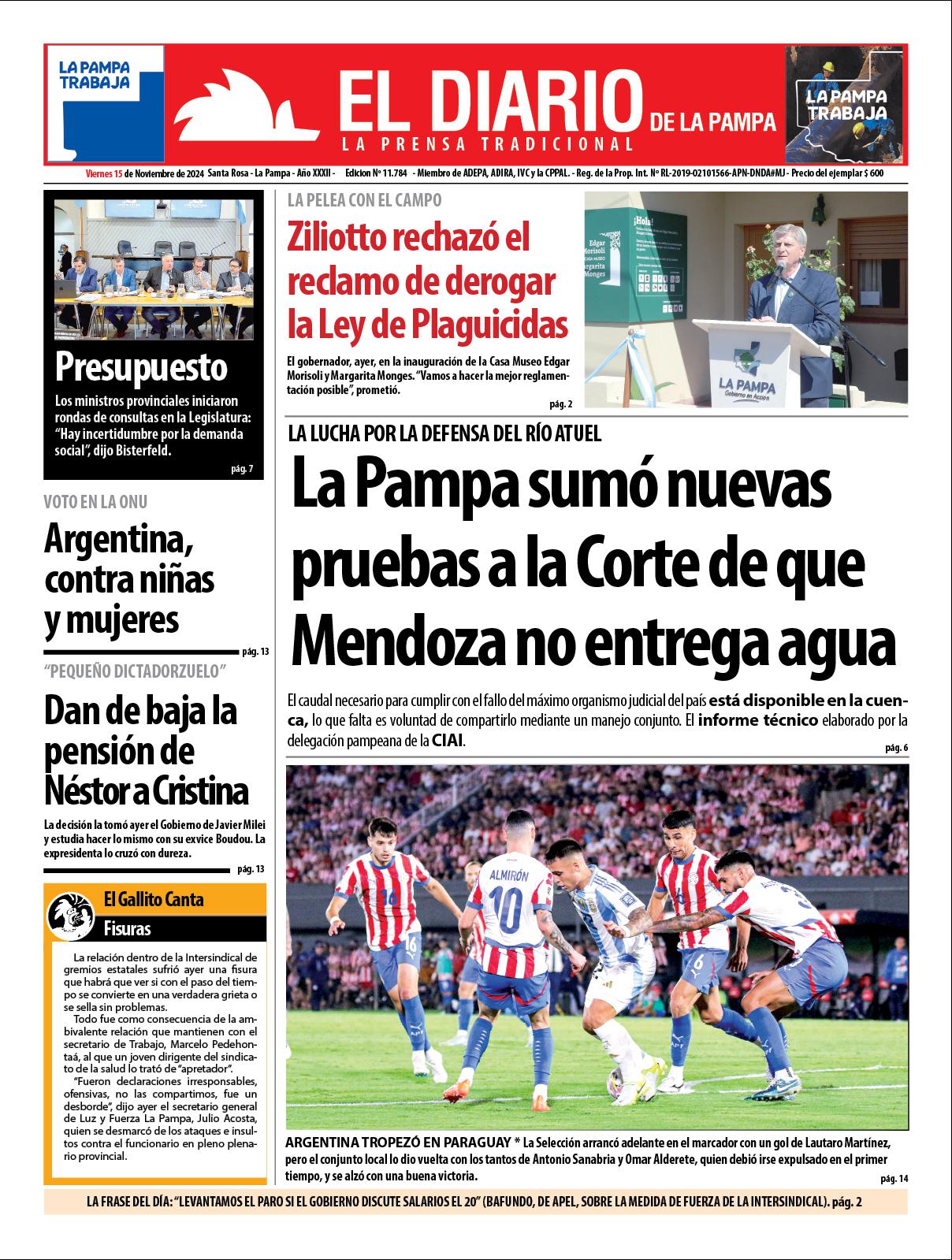 Tapa de El Diario en papel  viernes 15 de noviembre de 2024